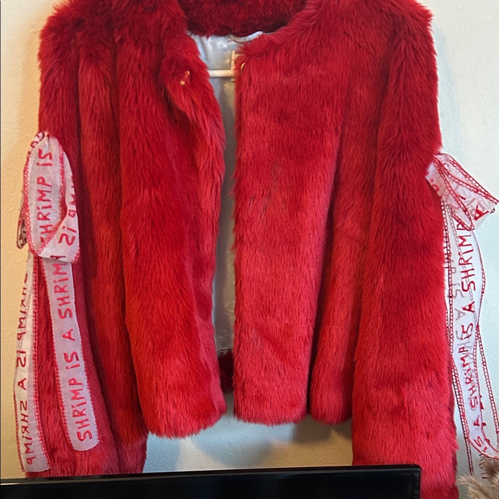 Shrimps Red Faux Fur Teddy Jacket with Ribbon Accents